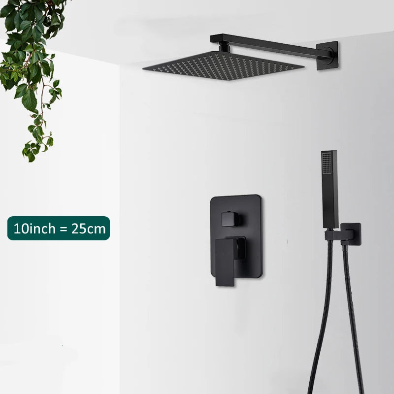 Black Concealed Rainfall Shower System – Wall-Mounted Waterfall Mixer Set with Tub Spout