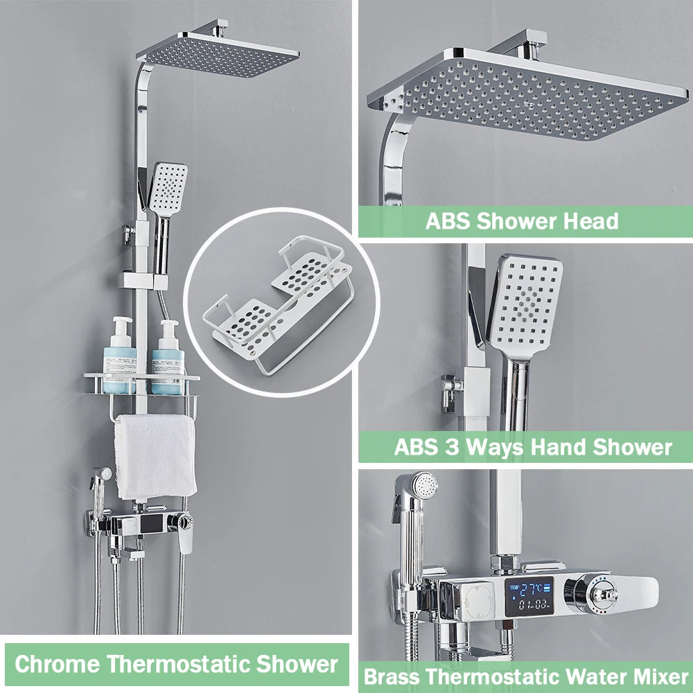 Black Digital Display Thermostatic Shower Faucet – 4-Way Rainfall Mixer Tap with Shelf & Bidet Faucets