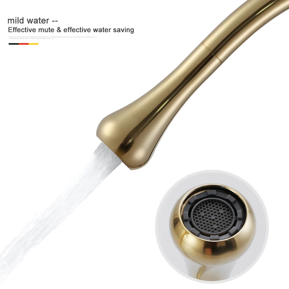 Brushed Gold Basin Faucet Black Faucet Deck Mounted Basin Sink Tap Hot & Cold Mixer Brass Tap for Bathroom