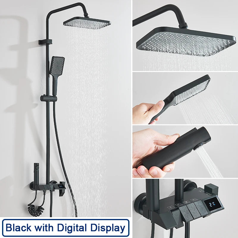 Rozin Black Digital Shower Faucet Set | Smart Rainfall System