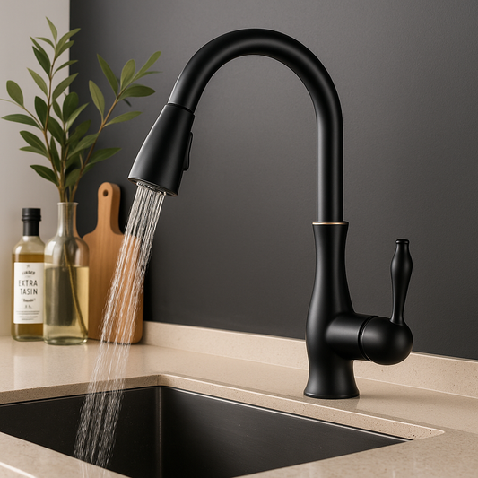 Black, Gold & Silver Kitchen Faucet | Single Handle Pull-Out Mixer Tap