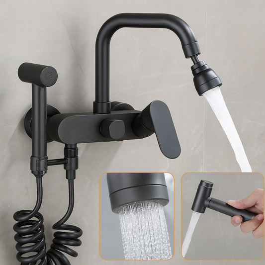 Wall-Mounted Brass Bathtub Faucet with Long Spout and Spray Gun – Hot & Cold Mixer Tap