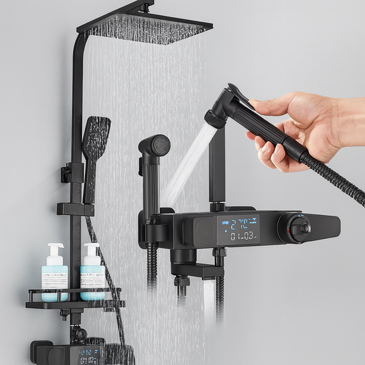 Black Digital Display Thermostatic Shower Faucet – 4-Way Rainfall Mixer Tap with Shelf & Bidet Faucets