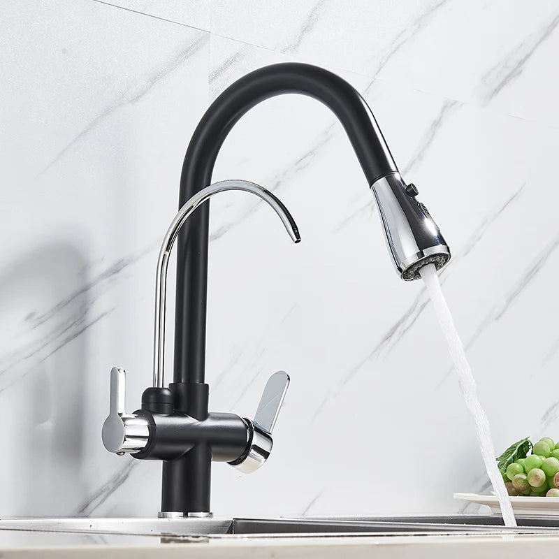 Black 360° Rotating Kitchen Faucet | 3-Way Filter Mixer with Pull-Out Sprayer