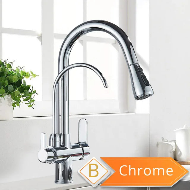 Black 360° Rotating Kitchen Faucet | 3-Way Filter Mixer with Pull-Out Sprayer