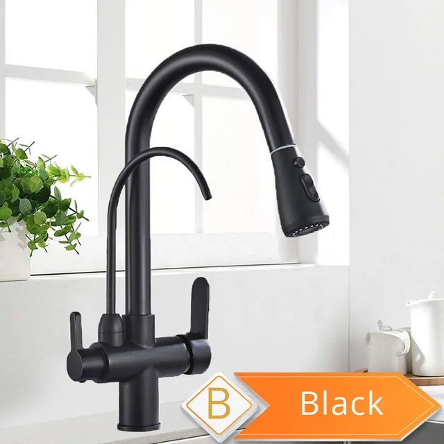 Black 360° Rotating Kitchen Faucet | 3-Way Filter Mixer with Pull-Out Sprayer
