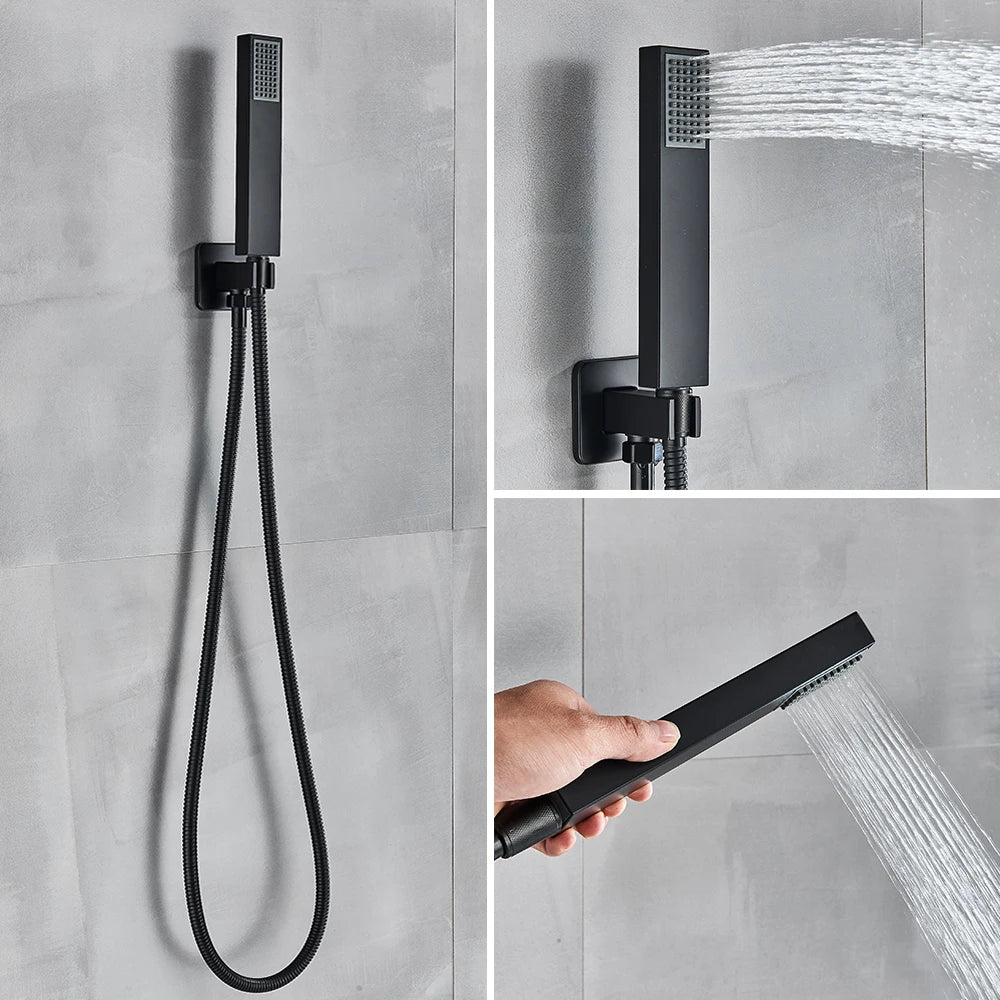 Black Wall Mounted Rainfall Shower System with Concealed Box & Hot/Cold Mixer – SUS304
