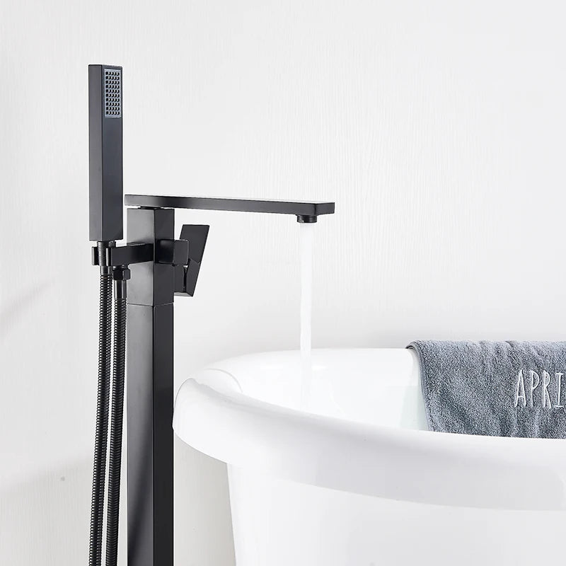 Black Floor-Standing Bathtub Faucet | Brass Waterfall Mixer Tap