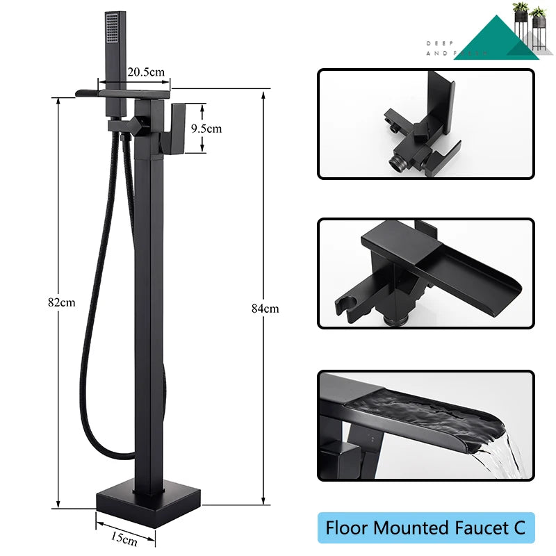 Black Floor-Standing Bathtub Faucet | Brass Waterfall Mixer Tap