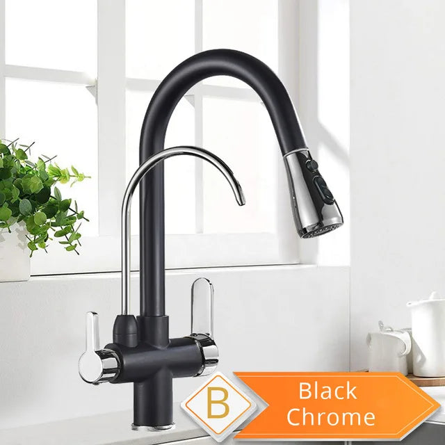 Black 360° Rotating Kitchen Faucet | 3-Way Filter Mixer with Pull-Out Sprayer