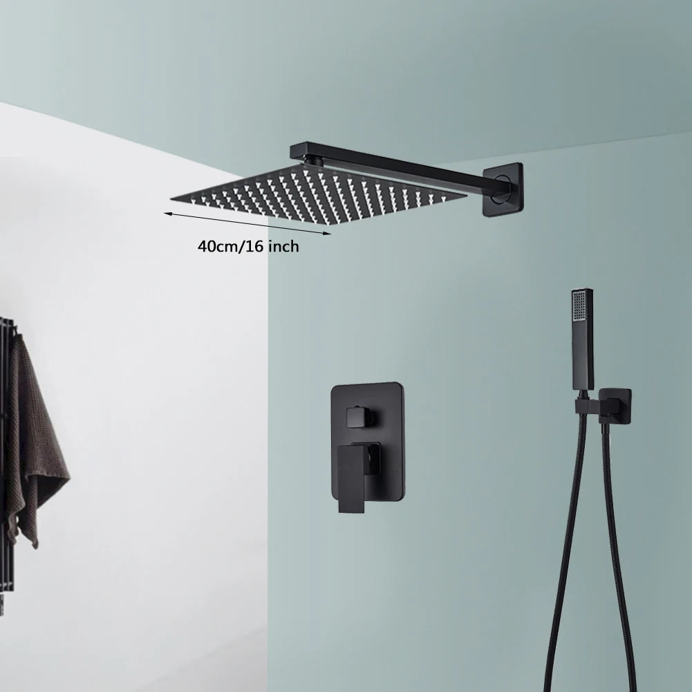Black Wall Mounted Rainfall Shower System with Concealed Box & Hot/Cold Mixer – SUS304