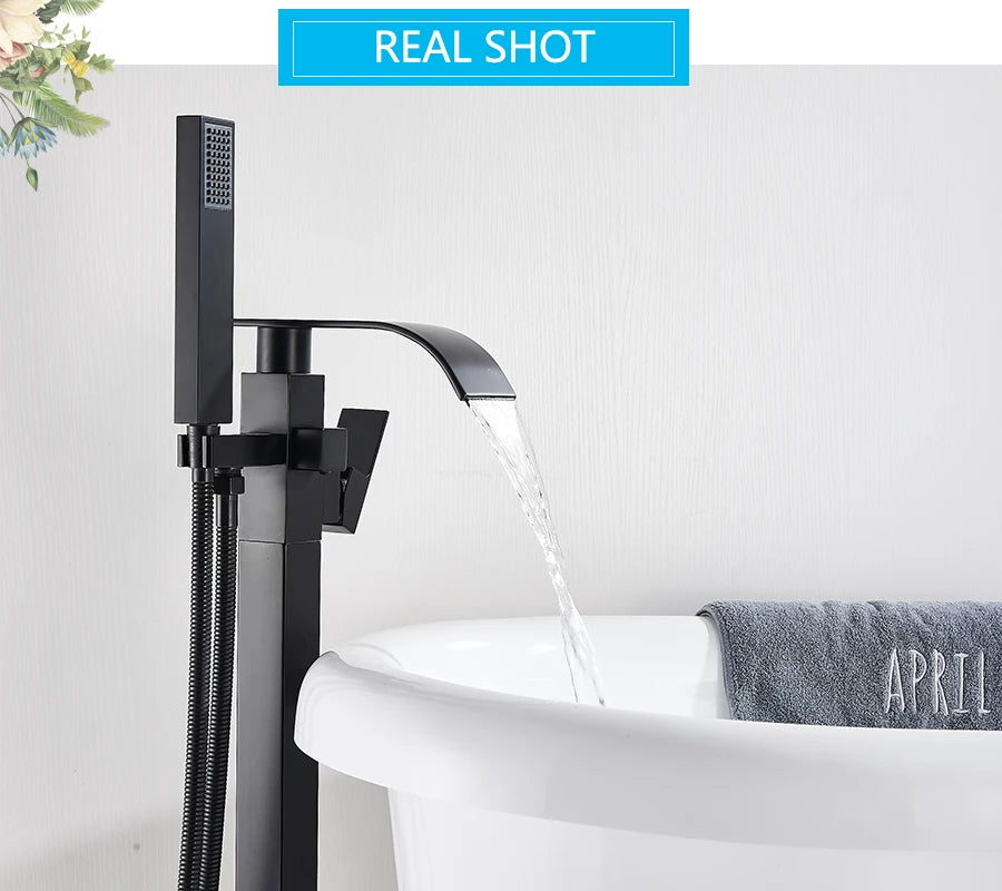 Black Floor-Standing Bathtub Faucet | Brass Waterfall Mixer Tap