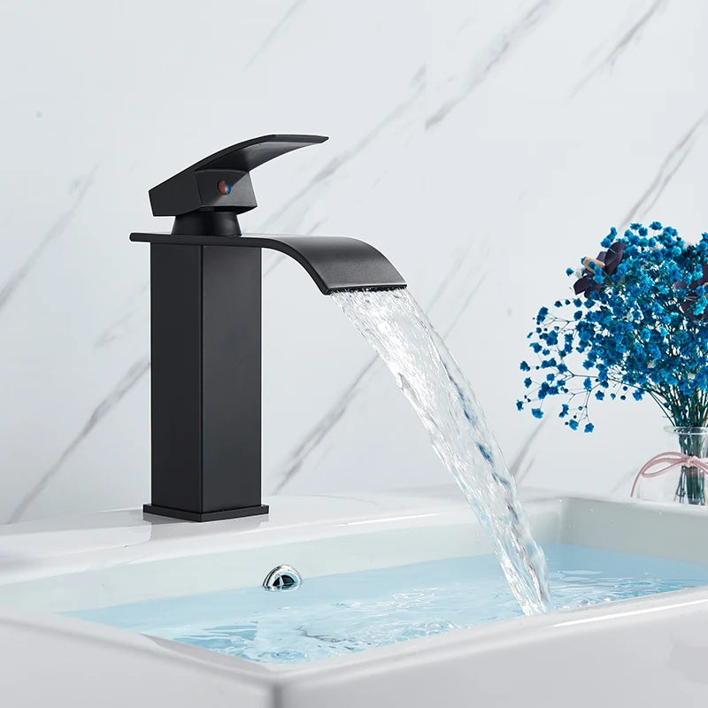 Matte Black Basin Faucet | Single Lever Waterfall Mixer Tap