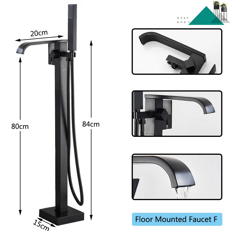 Black Floor-Standing Bathtub Faucet | Brass Waterfall Mixer Tap