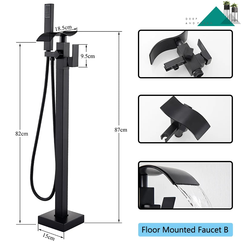 Black Floor-Standing Bathtub Faucet | Brass Waterfall Mixer Tap
