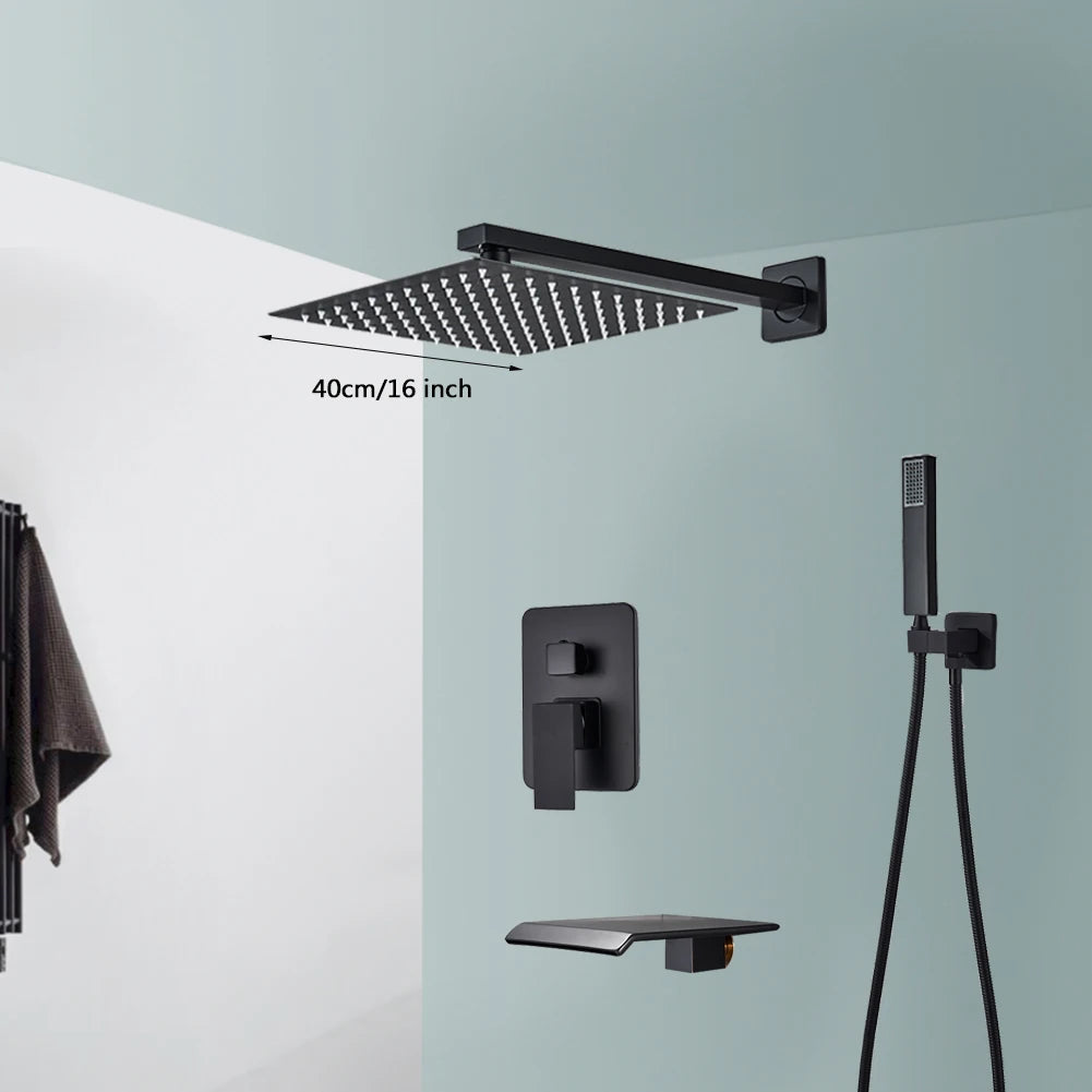 Black Wall Mounted Rainfall Shower System with Concealed Box & Hot/Cold Mixer – SUS304