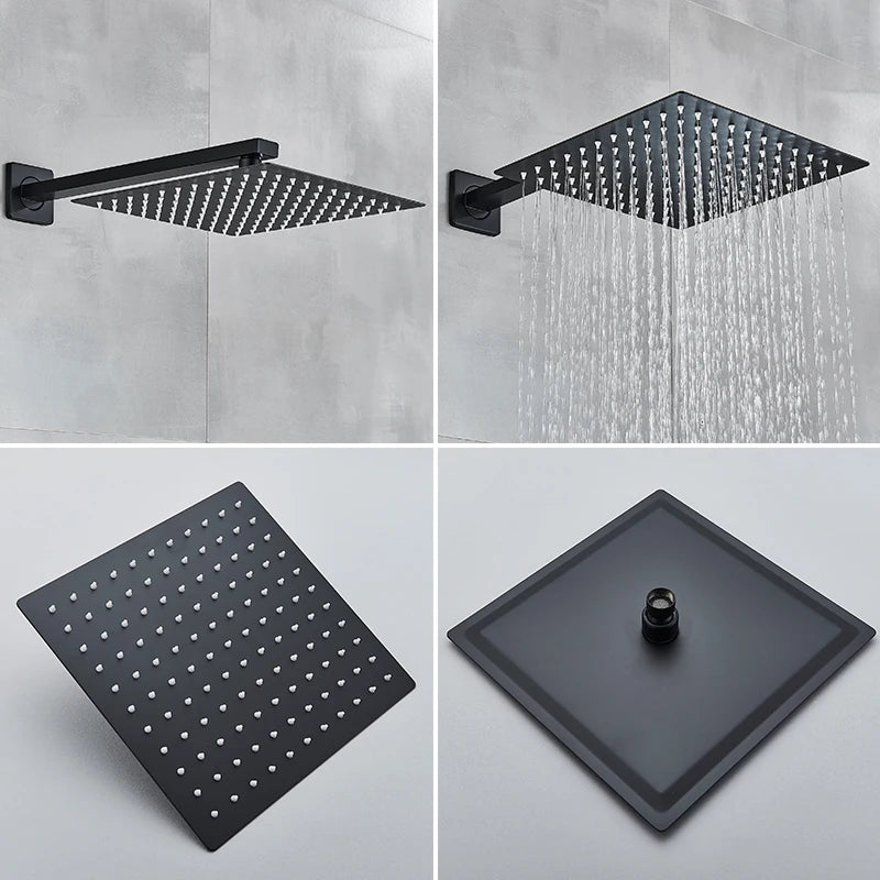 Black Wall Mounted Rainfall Shower System with Concealed Box & Hot/Cold Mixer – SUS304