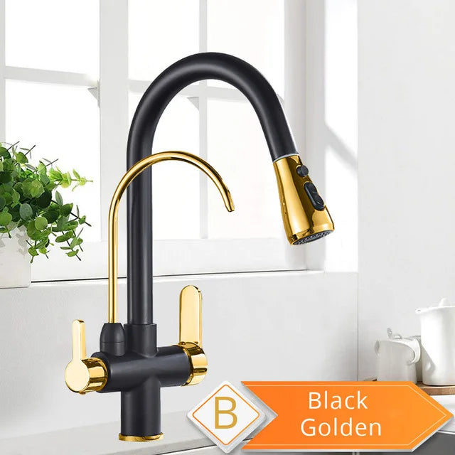 Black 360° Rotating Kitchen Faucet | 3-Way Filter Mixer with Pull-Out Sprayer