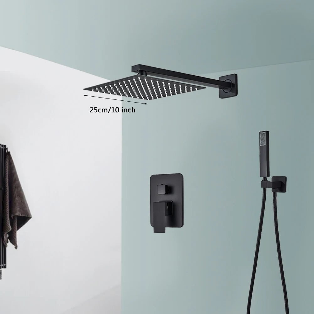 Black Wall Mounted Rainfall Shower System with Concealed Box & Hot/Cold Mixer – SUS304