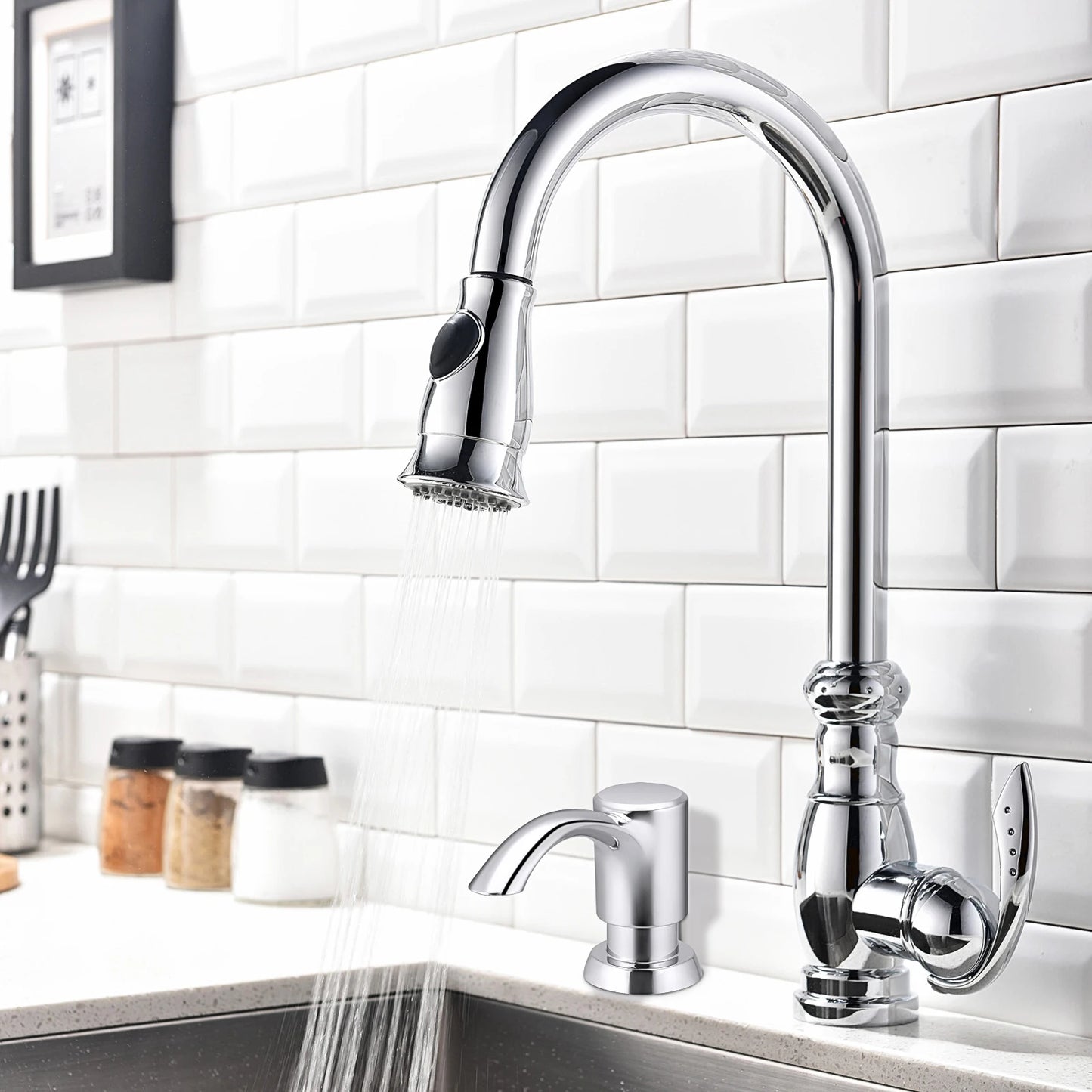 Samodra Nickel & Black Soap Dispenser – Built-In 360 ml Countertop Pump for Kitchen & Bathroom