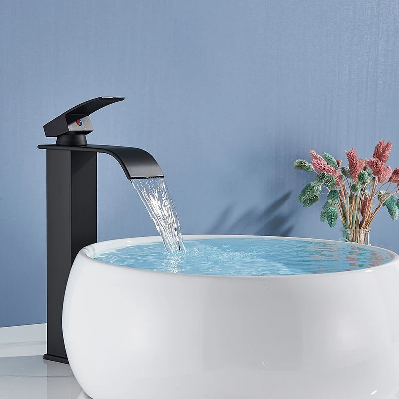 Matte Black Basin Faucet | Single Lever Waterfall Mixer Tap