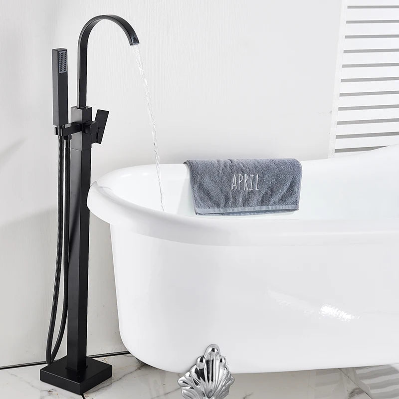 Black Floor-Standing Bathtub Faucet | Brass Waterfall Mixer Tap
