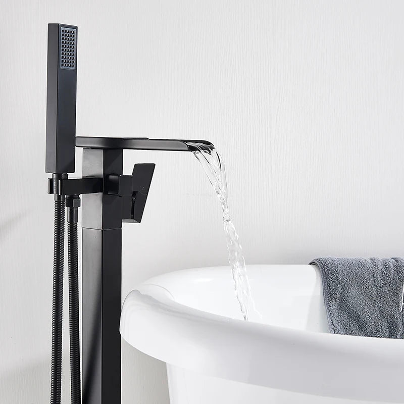 Black Floor-Standing Bathtub Faucet | Brass Waterfall Mixer Tap