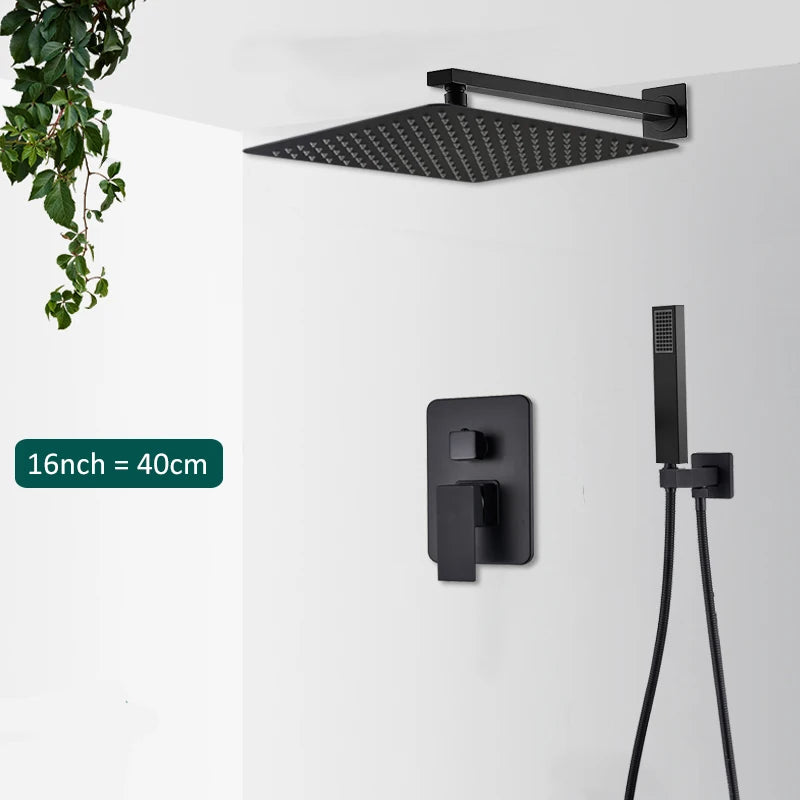 Black Concealed Rainfall Shower System – Wall-Mounted Waterfall Mixer Set with Tub Spout