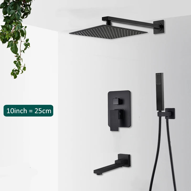 Black Concealed Rainfall Shower System – Wall-Mounted Waterfall Mixer Set with Tub Spout