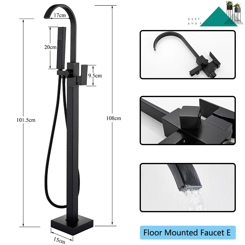 Black Floor-Standing Bathtub Faucet | Brass Waterfall Mixer Tap