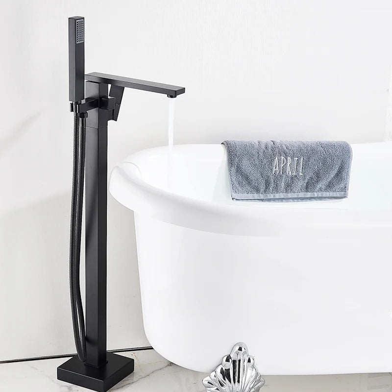 Black Floor-Standing Bathtub Faucet | Brass Waterfall Mixer Tap