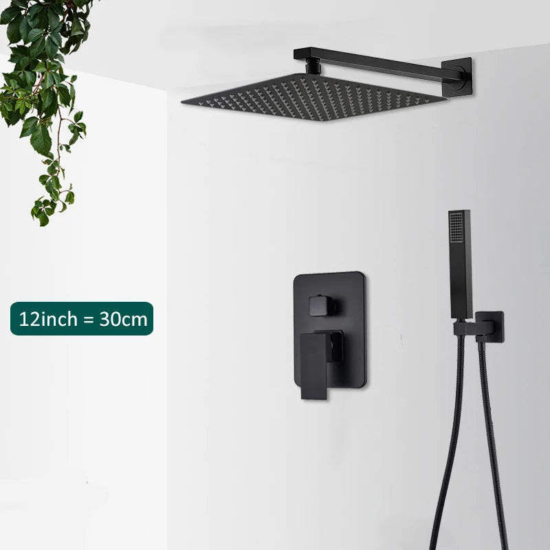 Black Concealed Rainfall Shower System – Wall-Mounted Waterfall Mixer Set with Tub Spout