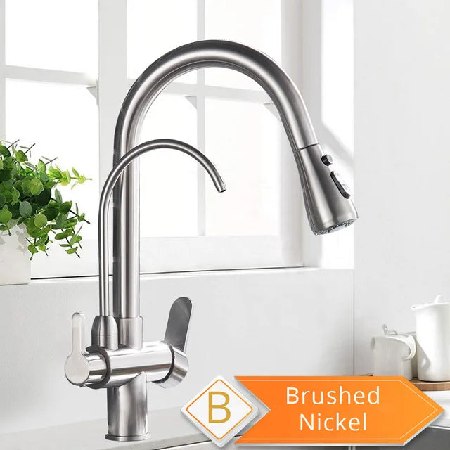 Black 360° Rotating Kitchen Faucet | 3-Way Filter Mixer with Pull-Out Sprayer