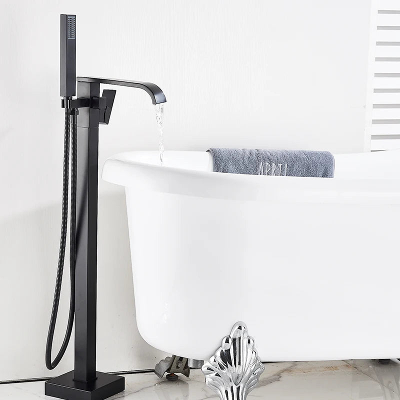 Black Floor-Standing Bathtub Faucet | Brass Waterfall Mixer Tap