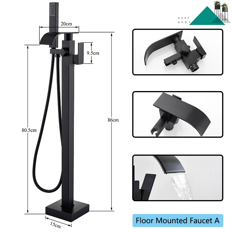 Black Floor-Standing Bathtub Faucet | Brass Waterfall Mixer Tap