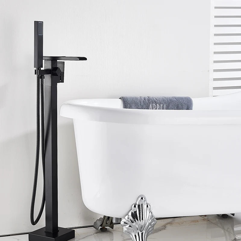 Black Floor-Standing Bathtub Faucet | Brass Waterfall Mixer Tap