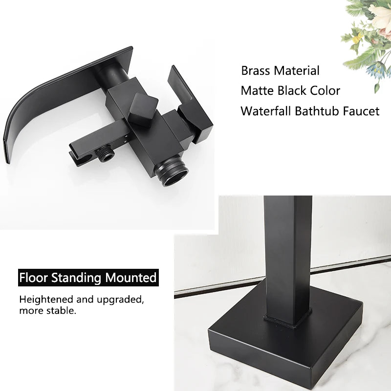 Black Floor-Standing Bathtub Faucet | Brass Waterfall Mixer Tap