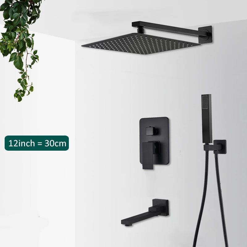 Black Concealed Rainfall Shower System – Wall-Mounted Waterfall Mixer Set with Tub Spout