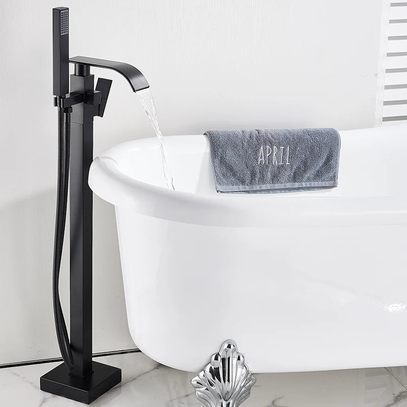 Black Floor-Standing Bathtub Faucet | Brass Waterfall Mixer Tap