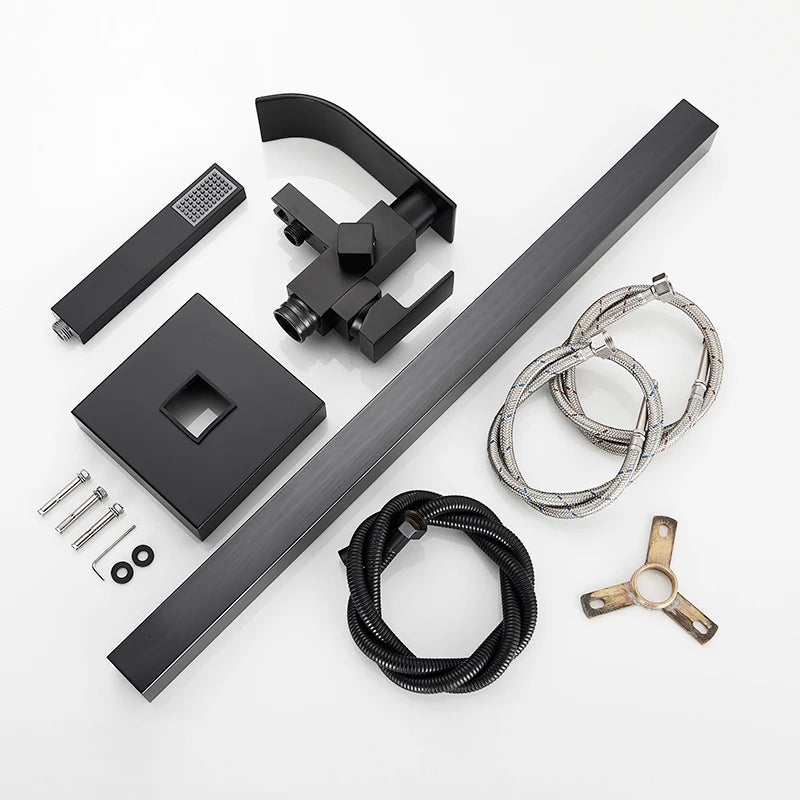 Black Floor-Standing Bathtub Faucet | Brass Waterfall Mixer Tap