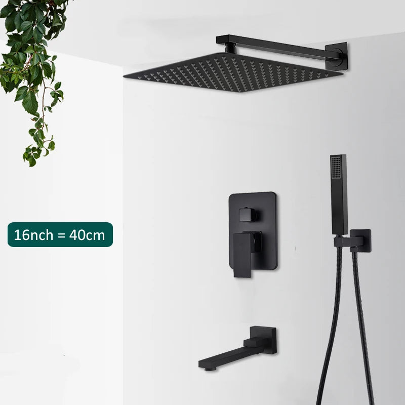 Black Concealed Rainfall Shower System – Wall-Mounted Waterfall Mixer Set with Tub Spout