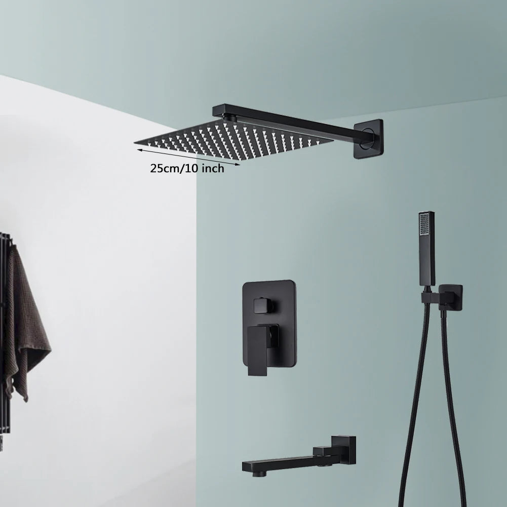Black Wall Mounted Rainfall Shower System with Concealed Box & Hot/Cold Mixer – SUS304