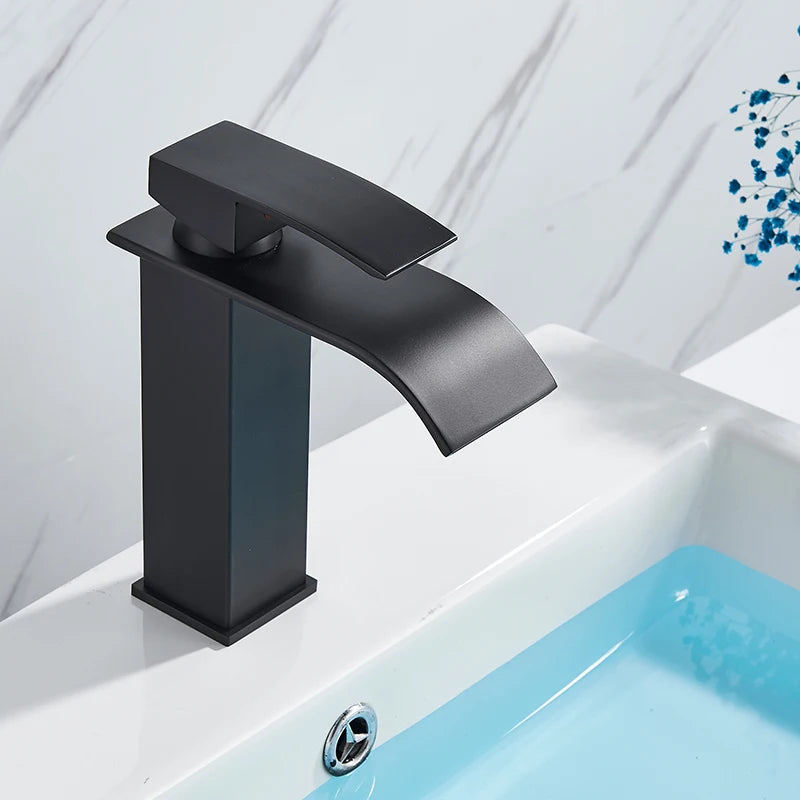Matte Black Basin Faucet | Single Lever Waterfall Mixer Tap