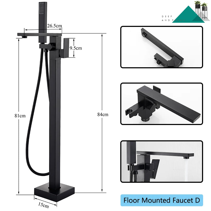 Black Floor-Standing Bathtub Faucet | Brass Waterfall Mixer Tap