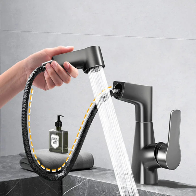 Dual-Function Pull-Down Bathroom Faucet – Adjustable Height, 360° Rotation, Anti-Leak Brass Core (Black / Silver / White)