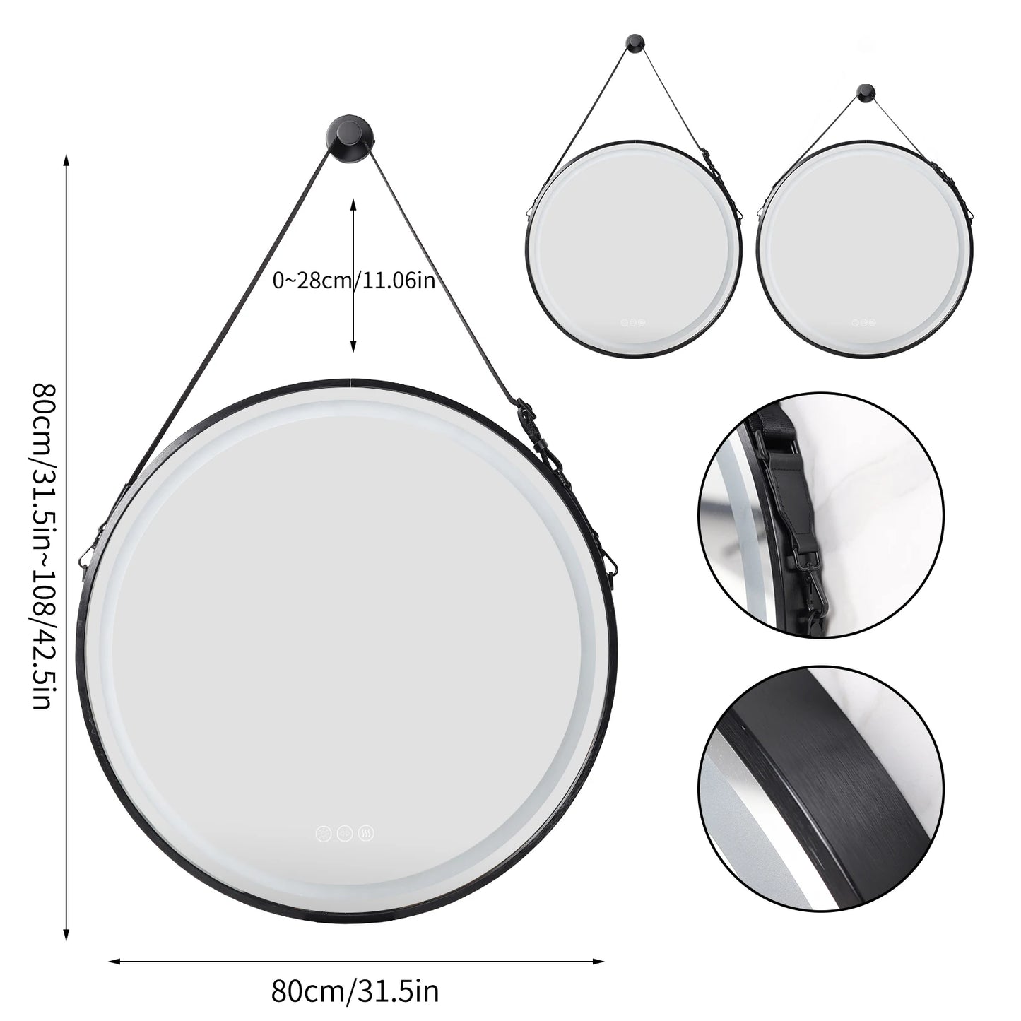 Wisfor Round LED Bathroom Mirror – Dimmable Anti-Fog Vanity Mirror with Touch Control & Hanging Rope