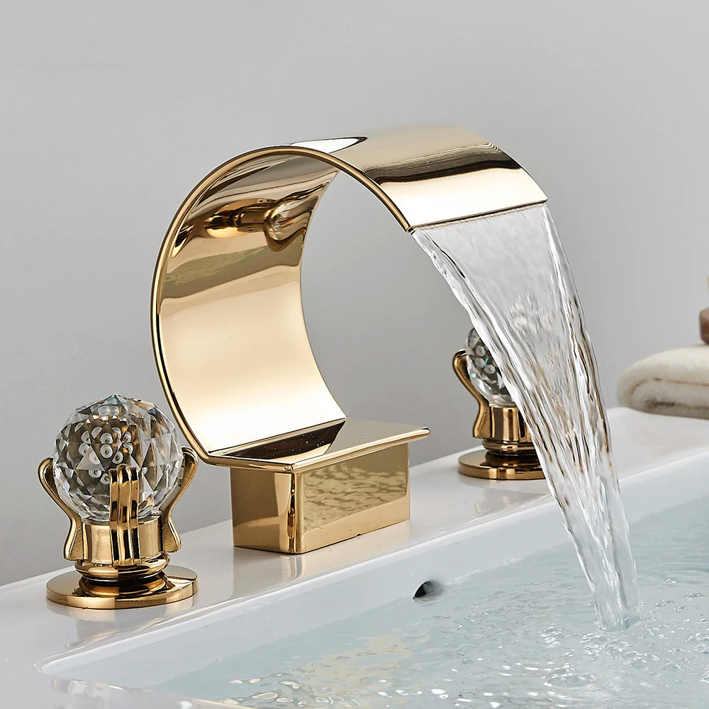 Senlesen Luxury Gold Waterfall Basin Faucet – Dual Crystal Handles, Brass Widespread Deck-Mounted Mixer