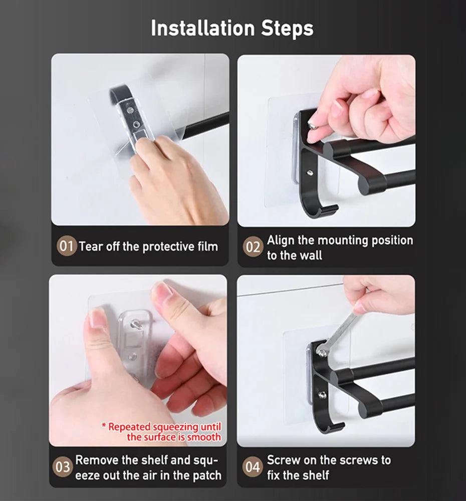 Double-Layer No-Drill Towel Rack – Self-Adhesive Aluminum Holder with Two Bars & Hooks