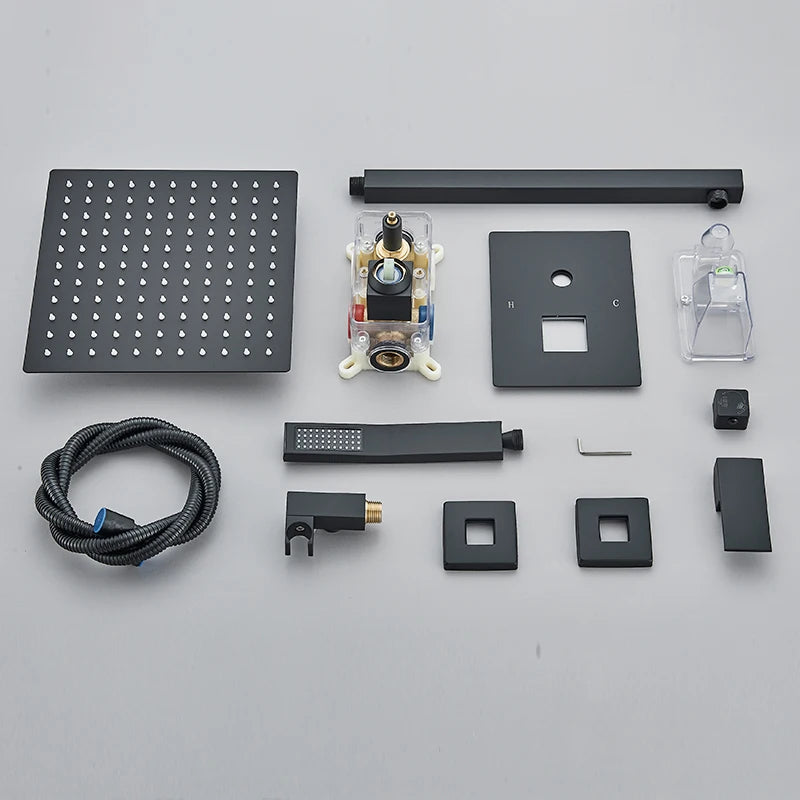 Black Concealed Rainfall Shower System – Wall-Mounted Waterfall Mixer Set with Tub Spout