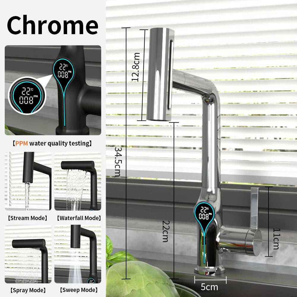 Waterfall Bathroom Faucet with Digital Temperature Display – Hot & Cold Lift-Up Basin Mixer Tap with Stream Sprayer